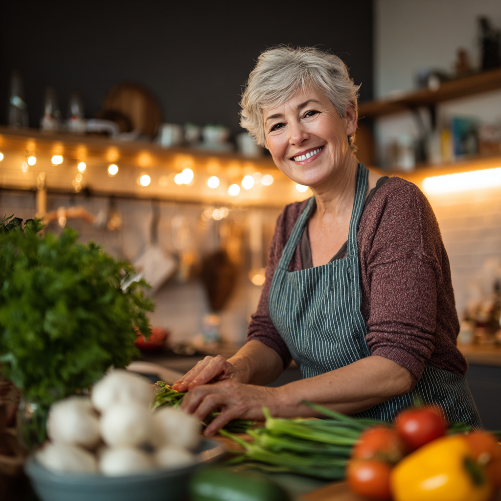 Жінка віком 55 років готує здорову їжу на кухні, посміхається та тримає в руках свіжі овочі