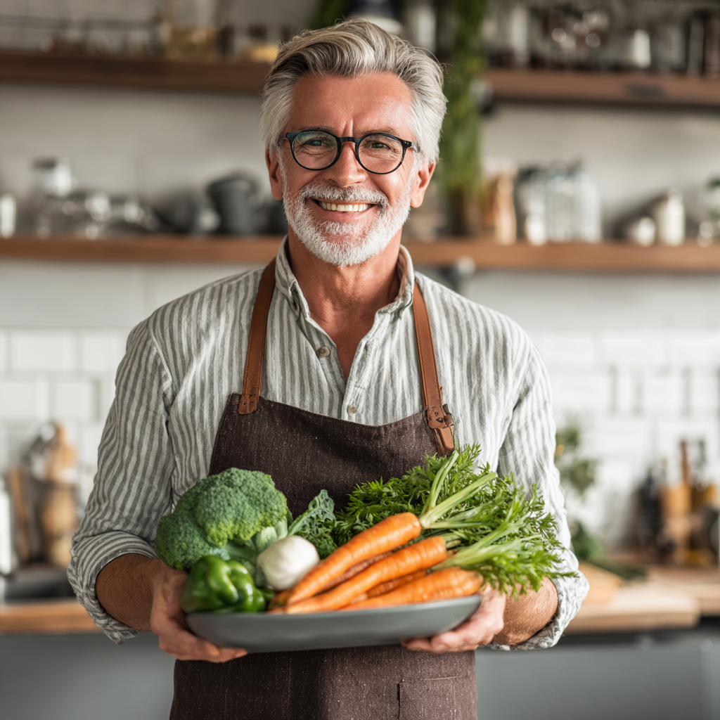 Чоловік віком 58 років з сивими скронями тримає тарілку зі свіжими овочами та посміхається на кухні