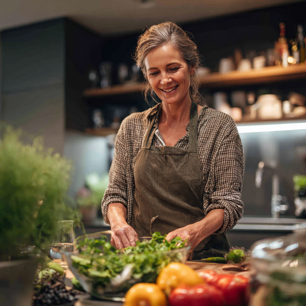 Жінка віком 52 років з усмішкою готує салат з свіжих овочів на сучасній кухні