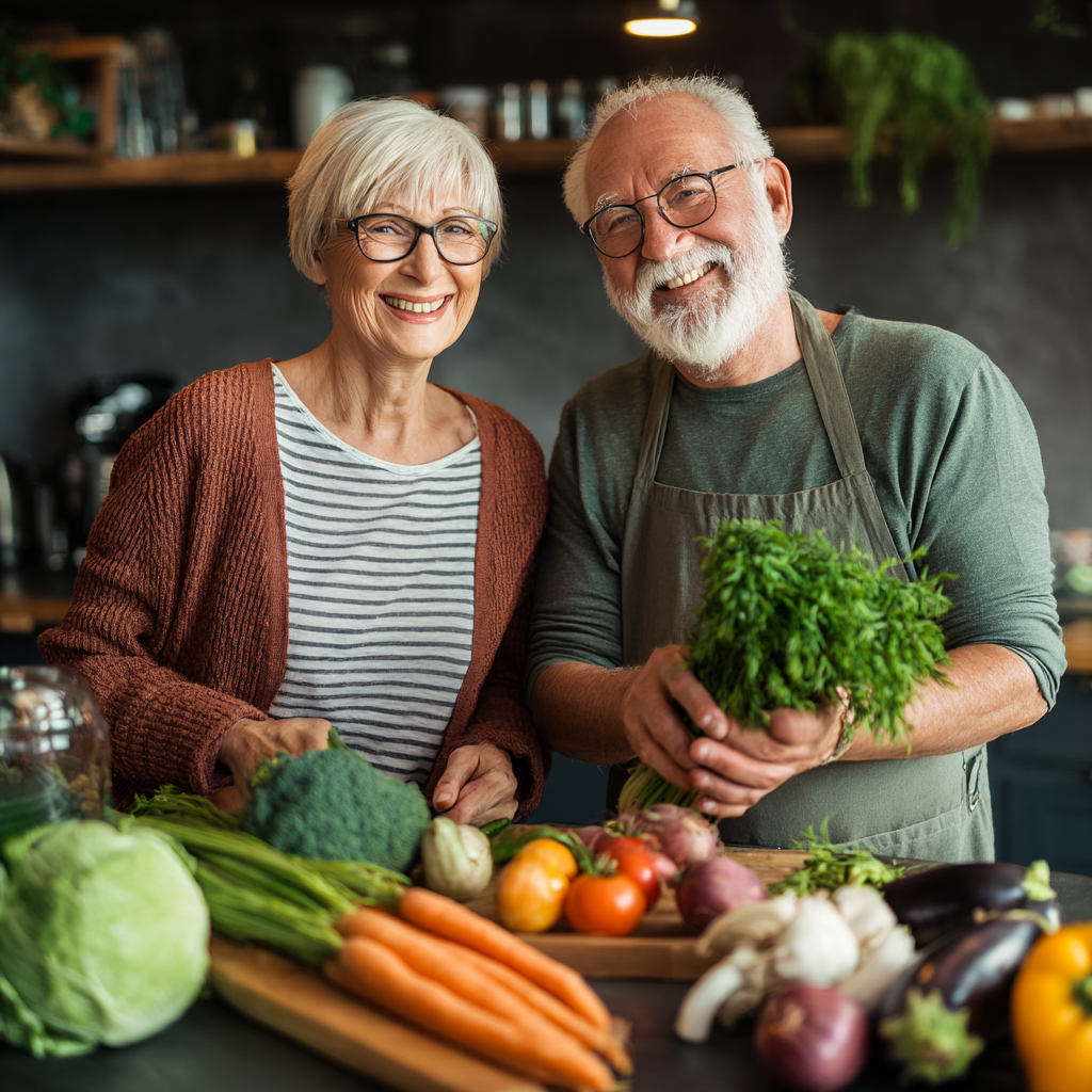 Подружжя віком 60 років разом готують здорову їжу, посміхаються та тримають свіжі продукти